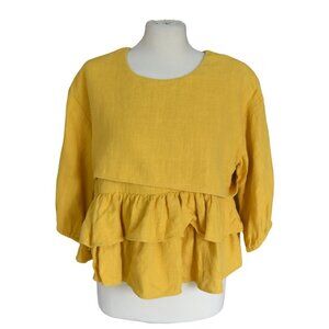 Moon River Linen Blend Top Layered Ruffle Puff Sleeve Yellow Mustard Large